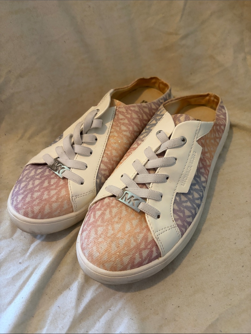 Michael Kors White Leather Sneakers with Pastel Gradient MK Print